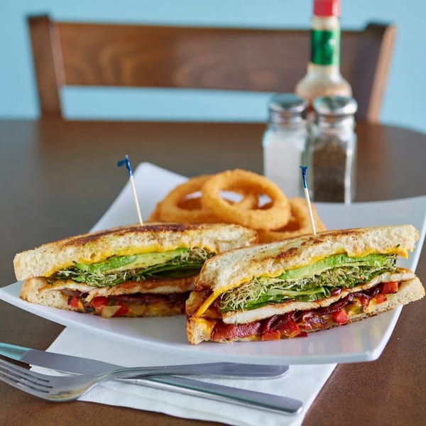 Grilled chicken sandwich with avocado, sprouts, and bell peppers, served with onion rings.